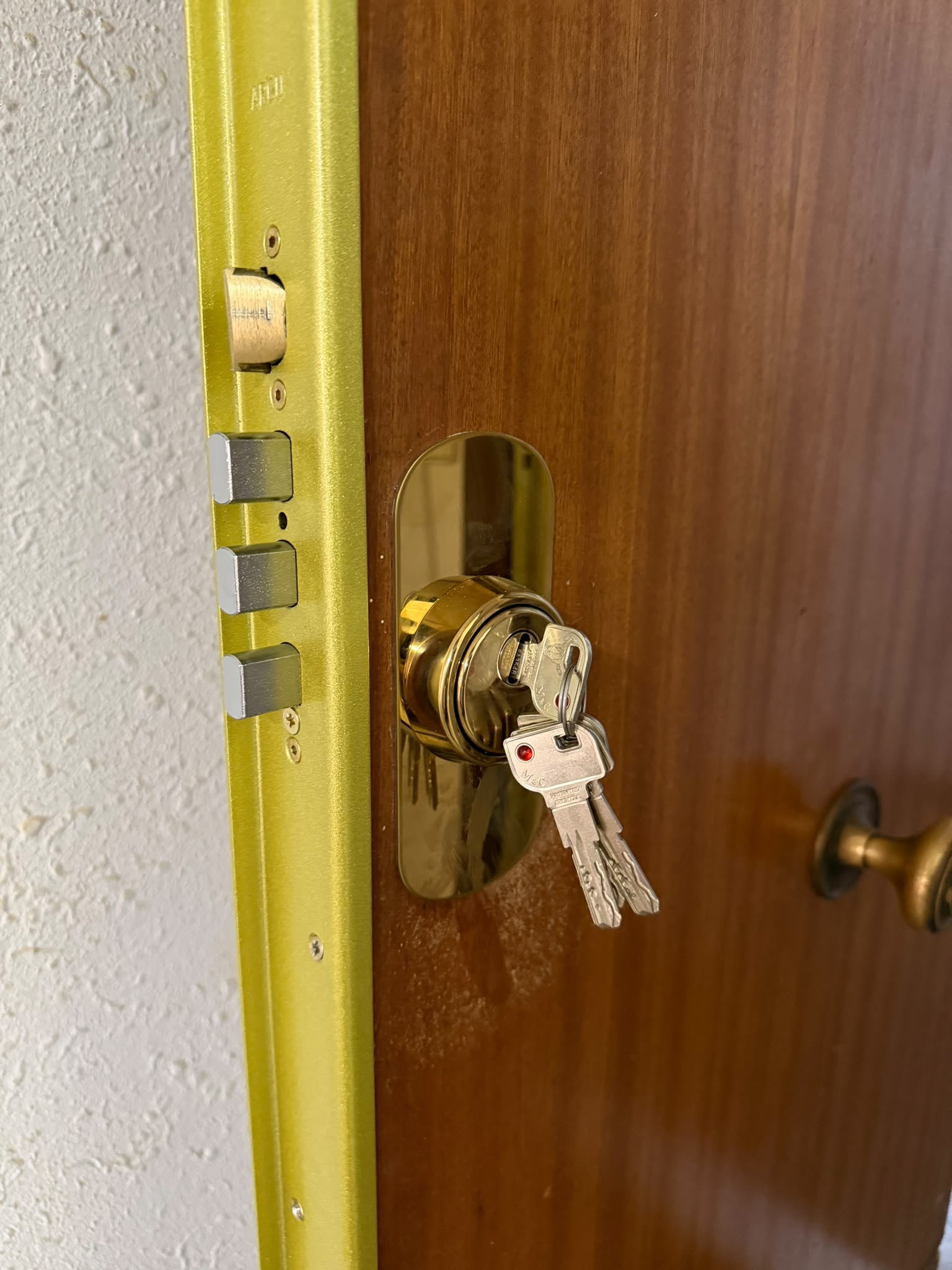 Bombín con llaves en cerradura multipunto de puerta